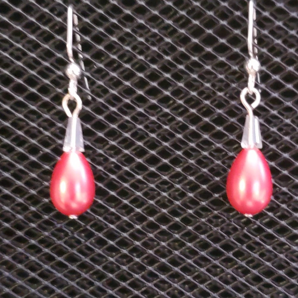 Dark coral teardrop faux pearl and cone-shaped faceted glass crystal earrings